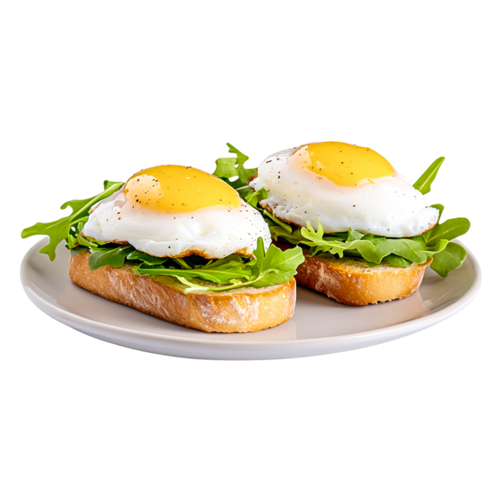 Fresh Poached Eggs rugula and Toasted Bread Plate png
