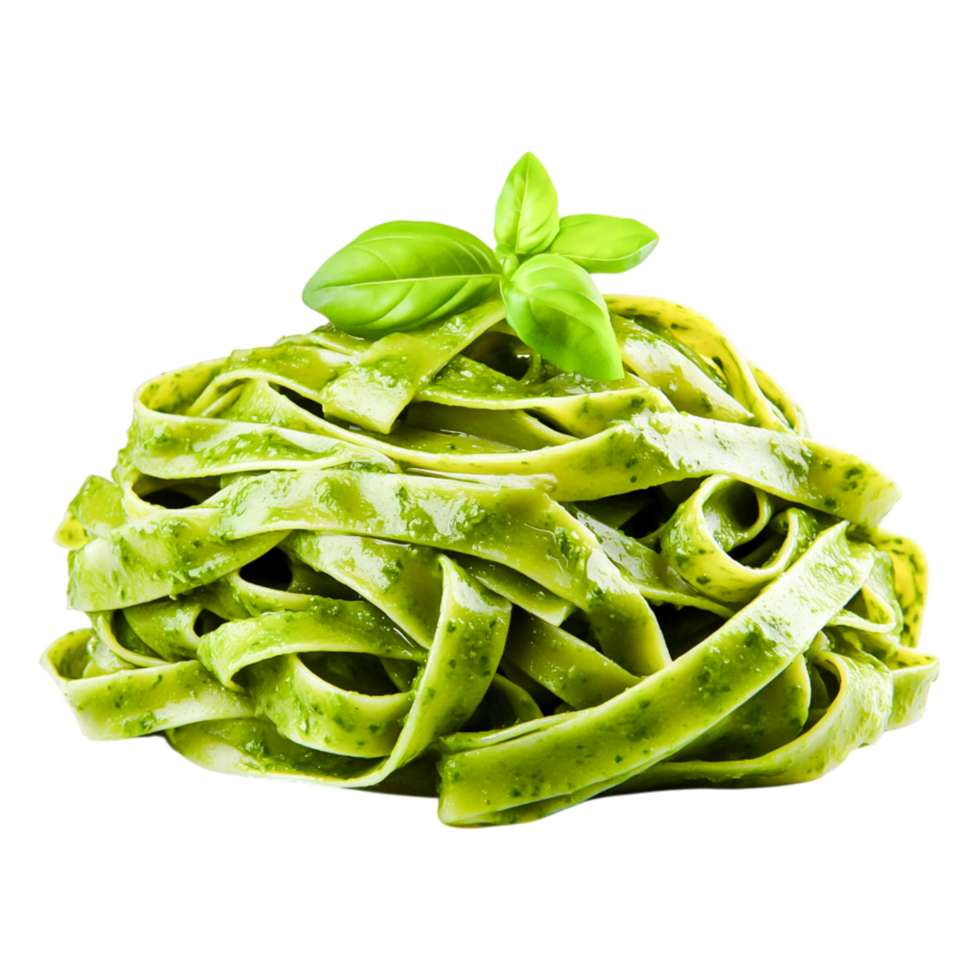 Fresh Green Fettuccine Pasta with Basil Herb Garnish on png