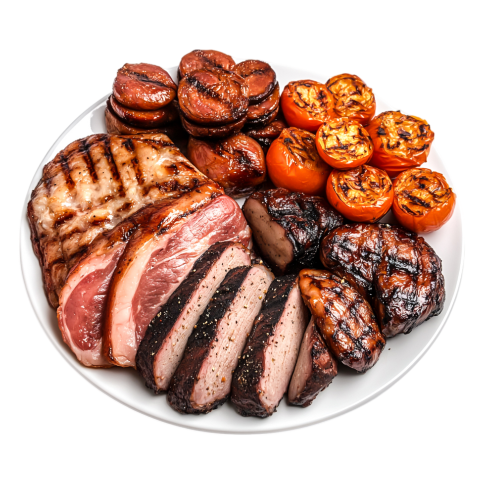 Deliciously Grilled Meat Platter with Tomatoes and Sausages Displayed png