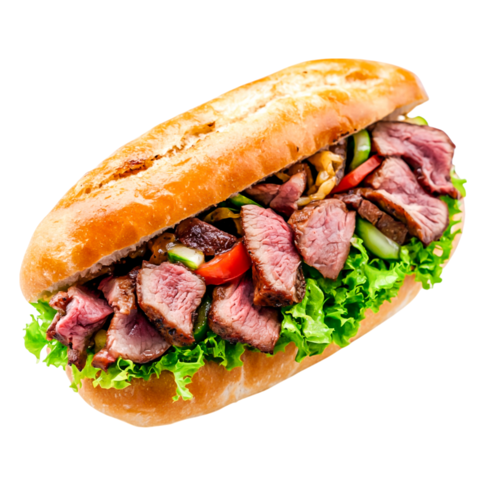 Freshly Made Gourmet Steak Sandwich with Vegetables and Lettuce png