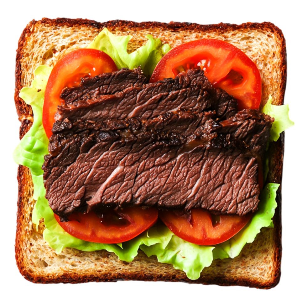 Delicious Beef Sandwich with Fresh Lettuce and Tomato Slices png