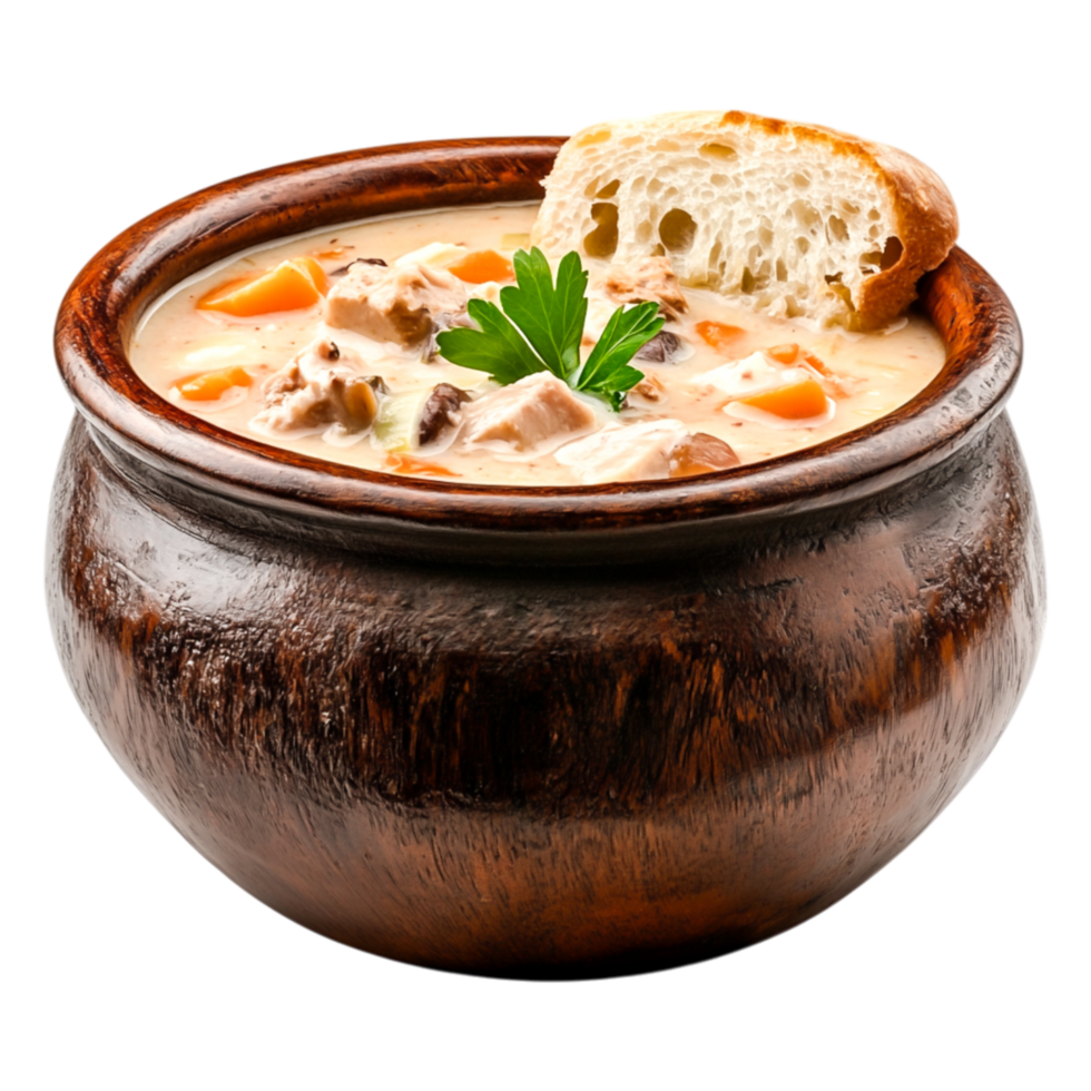 Creamy Chicken Soup in Wooden Bowl with Herbs and Bread Slice png