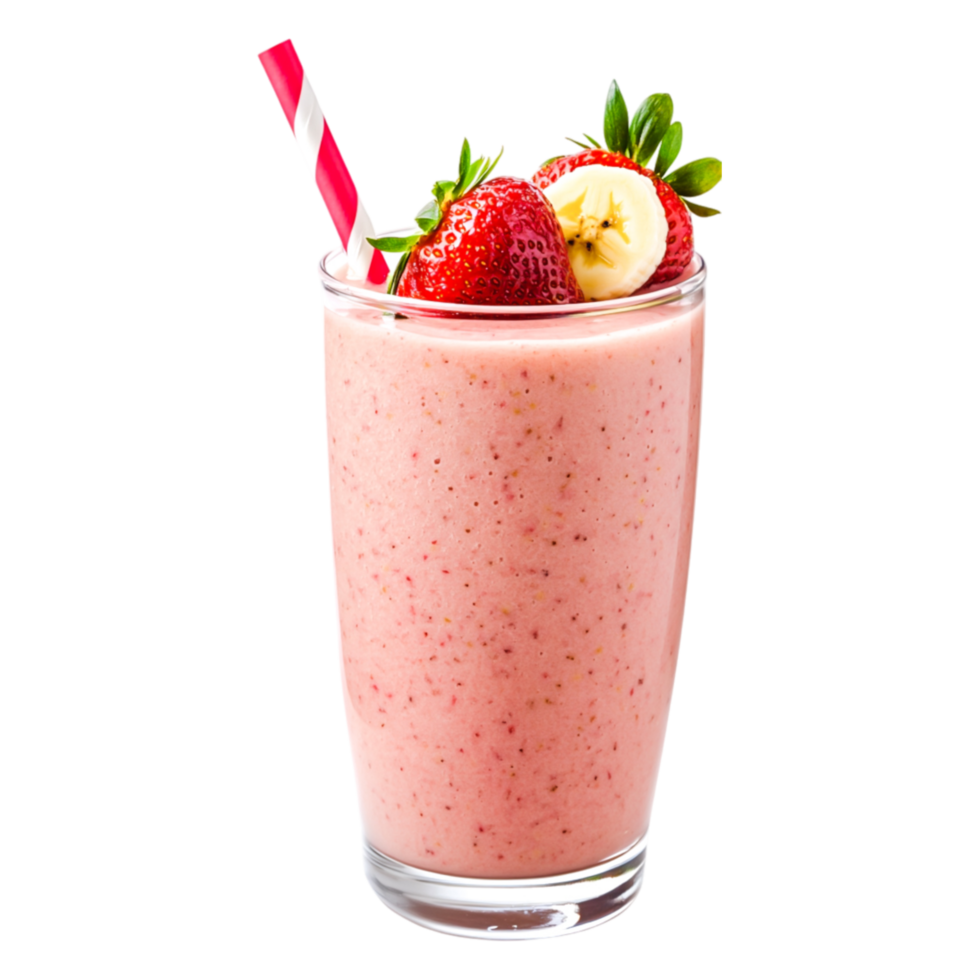 Refreshing Smoothie Drink with Strawberries and Banana Garnish png