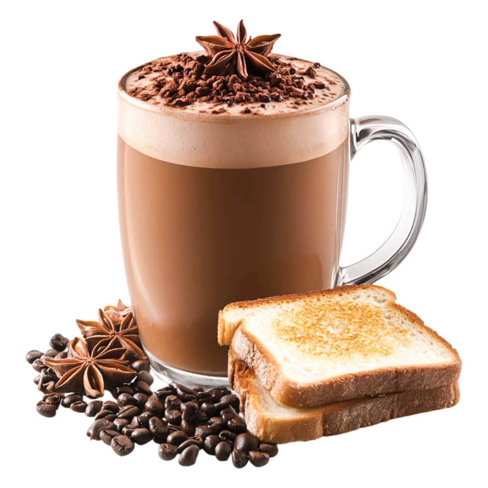 Rich Chocolate Beverage with Coffee Beans and Toast on Wooden Surface png