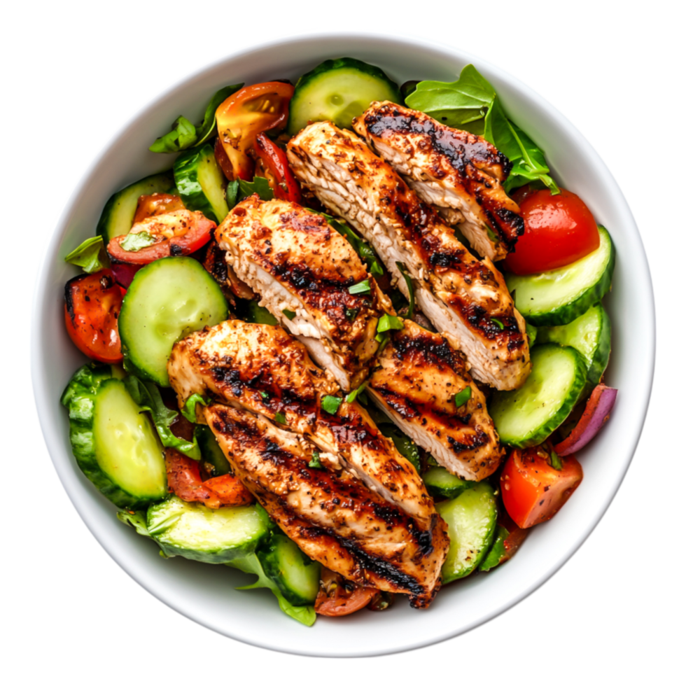Grilled Chicken Breast with Fresh Garden Salad in White Bowl png