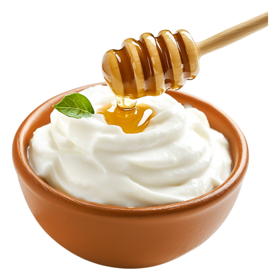 Creamy Yogurt with Honey Drizzle and Mint Leaf in a Bowl png