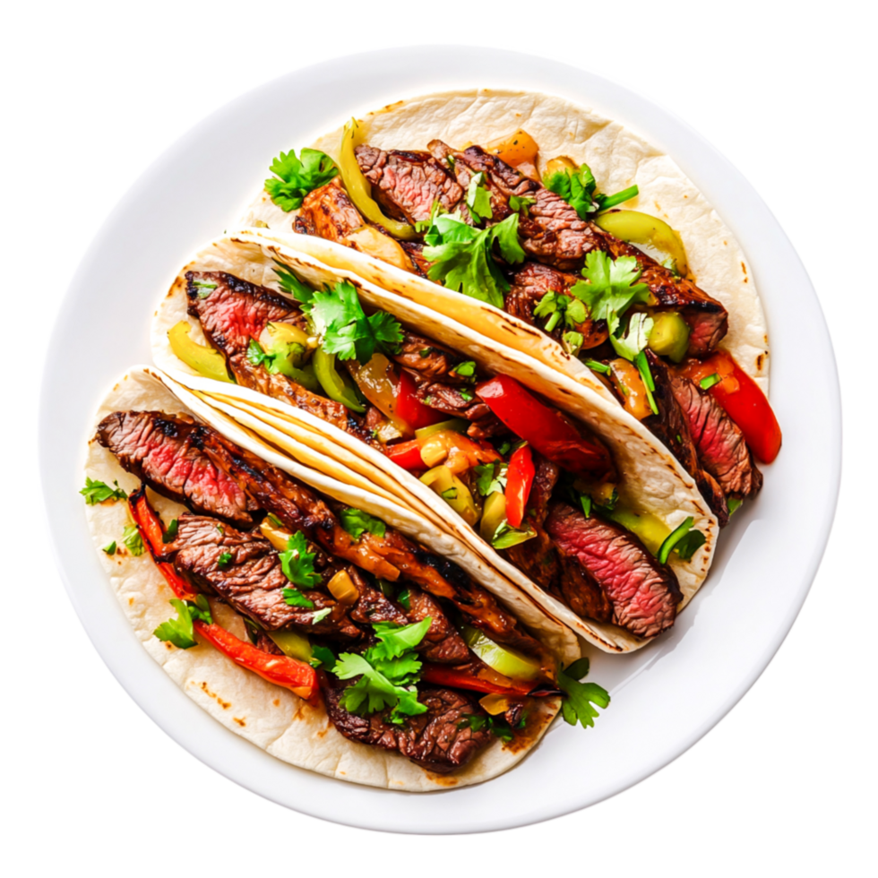 Delicious Beef Tacos with Fresh Vegetables and Herbs on White Plate png
