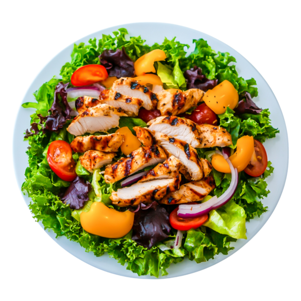 Grilled Chicken Salad with Fresh Vegetables and Colorful Garnishes png