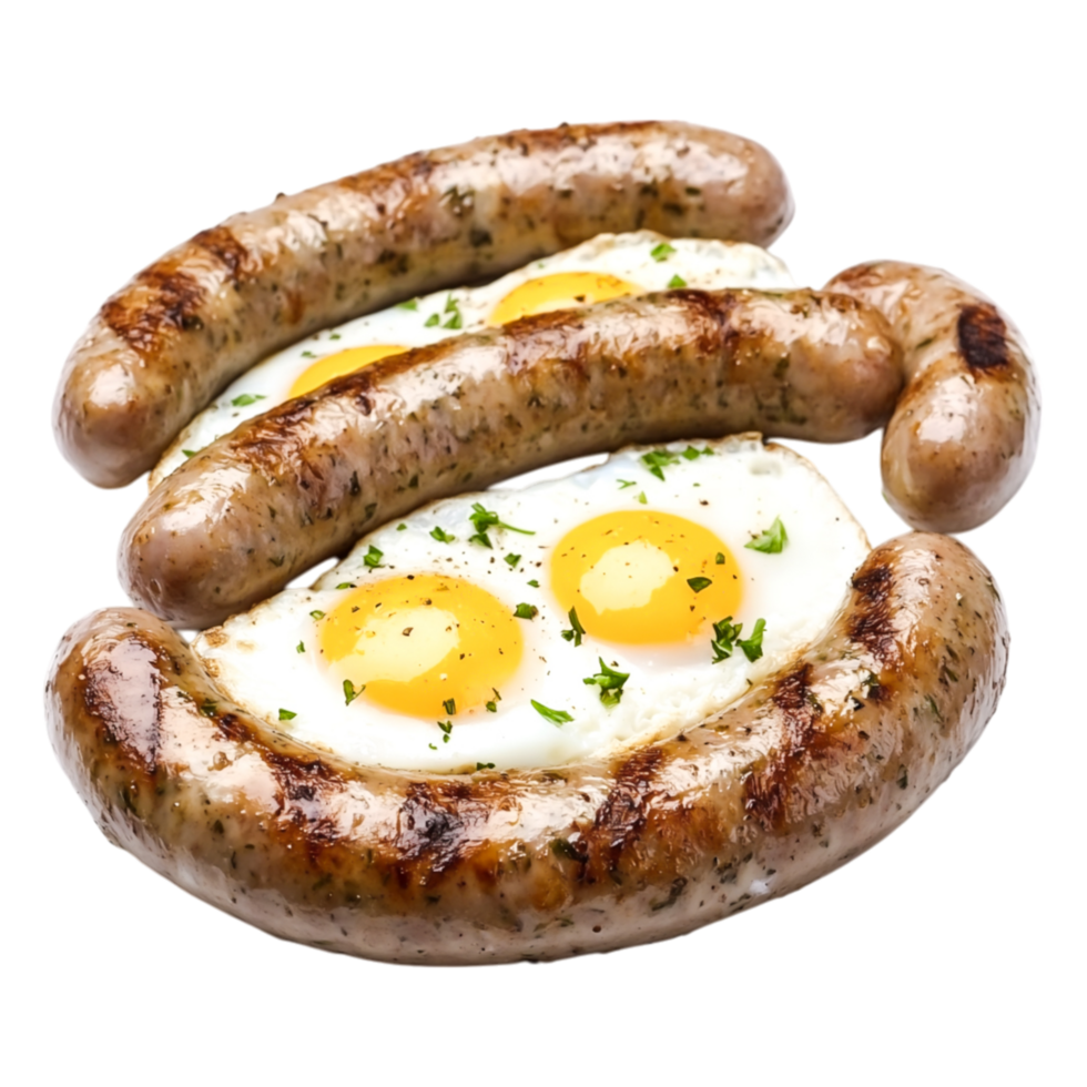 Grilled Sausages and Fried Eggs Plate with Garnish png