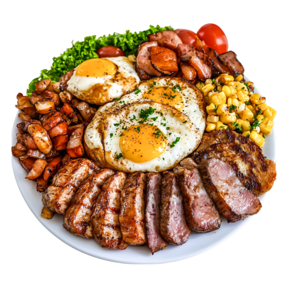 Hearty Plate of Grilled Meats with Fried Eggs and Vegetables png