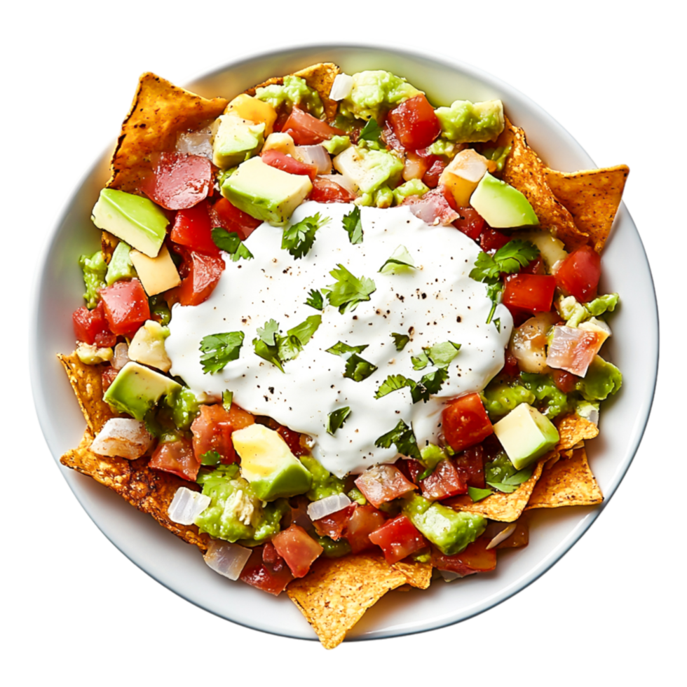 Fresh Tortilla Chips with Avocado Salsa and Creamy Topping png