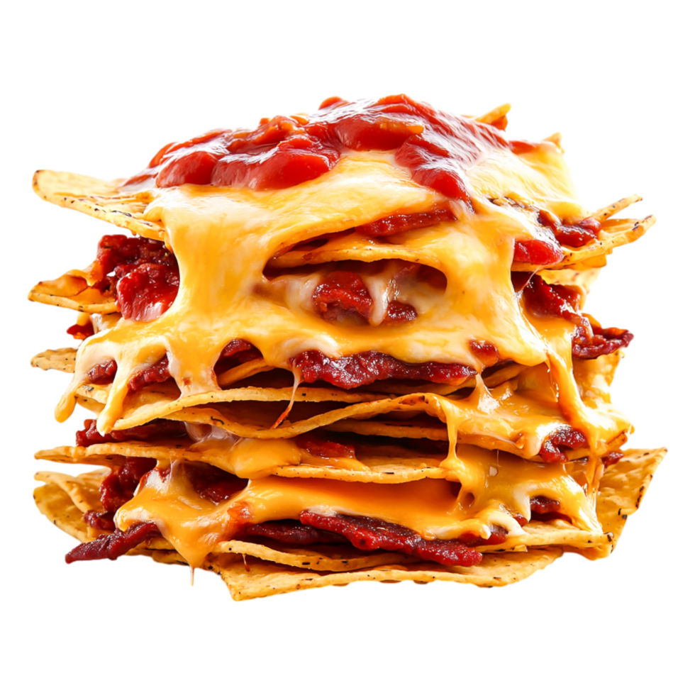 Delicious Layered Nachos with Melted Cheese and Sizzling Jalapenos png