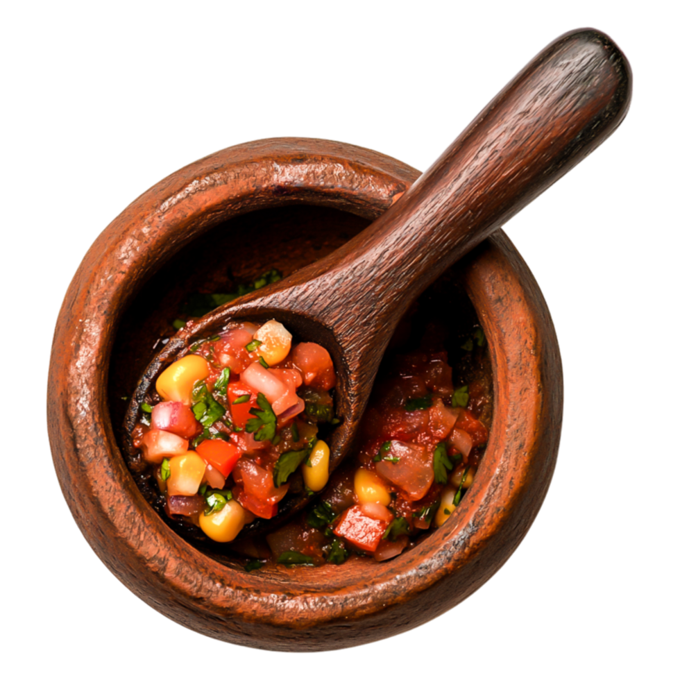 Fresh Salsa in Wooden Bowl with Spoon for Culinary Delights png