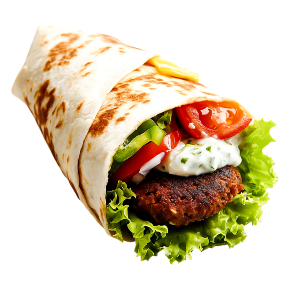 Delicious Wrapped Sandwich with Fresh Vegetables and Sauce png