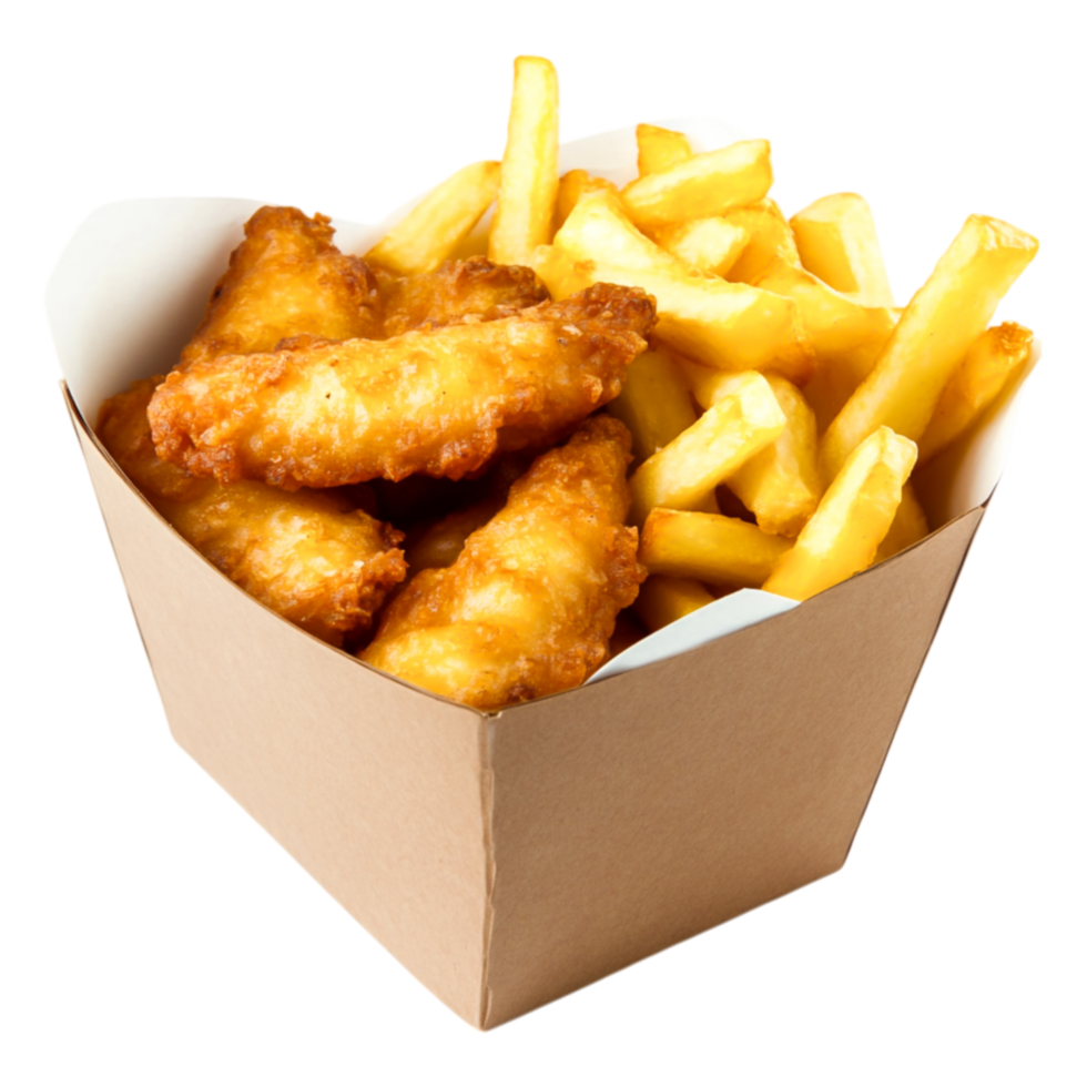 Crispy Fried Fish and Golden French Fries in Takeout Box png