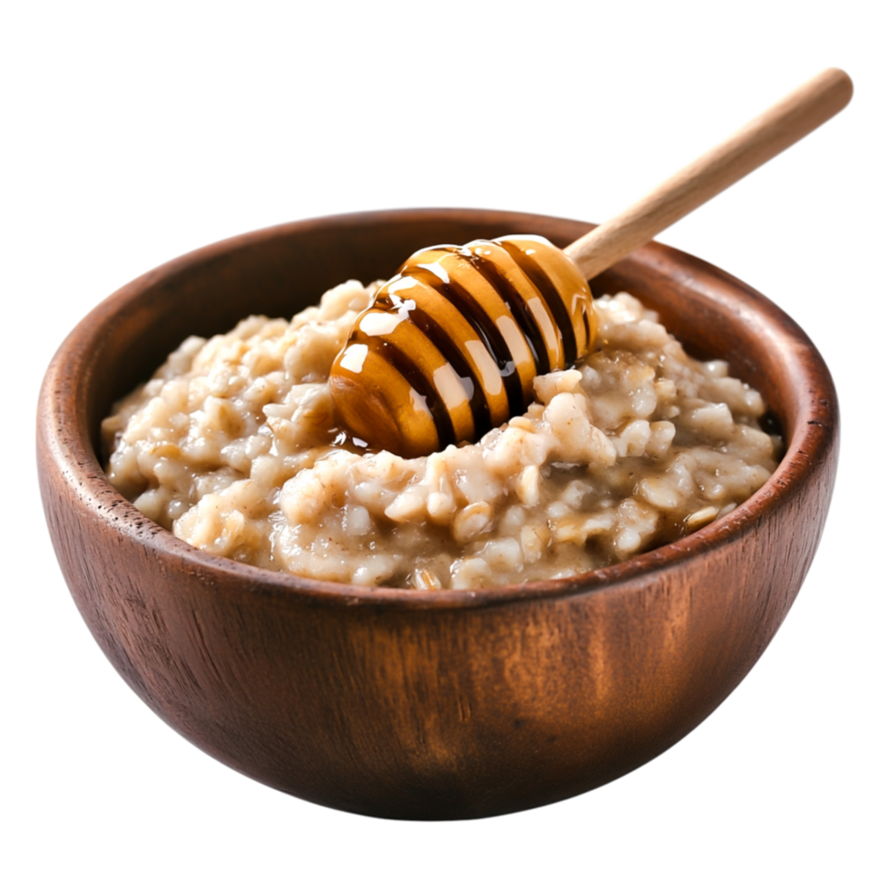 Warm Oatmeal Bowl with Honey Drizzle in a Wooden Dish png