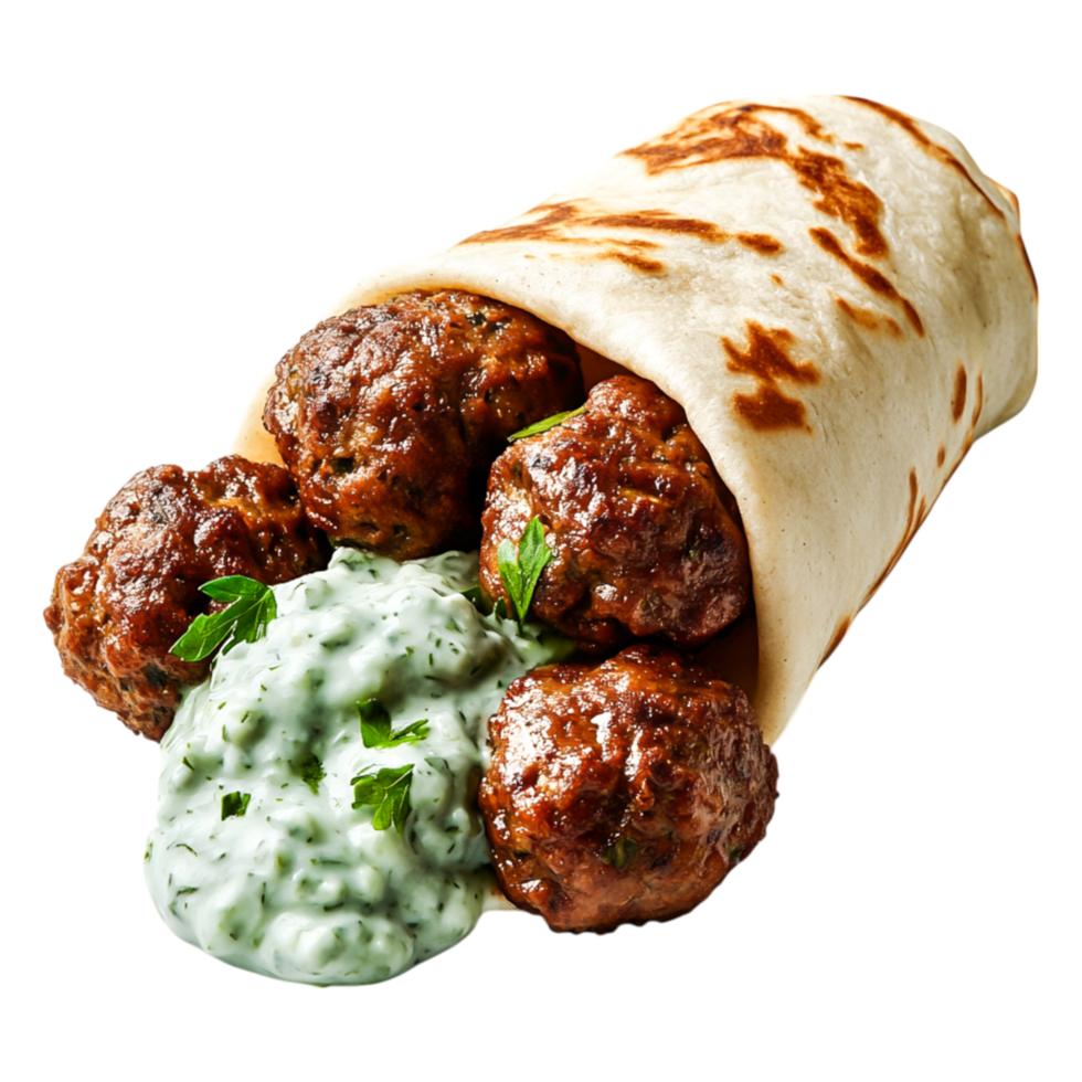 Fresh Meatballs Wrapped in Bread with Green Sauce and Herbs png