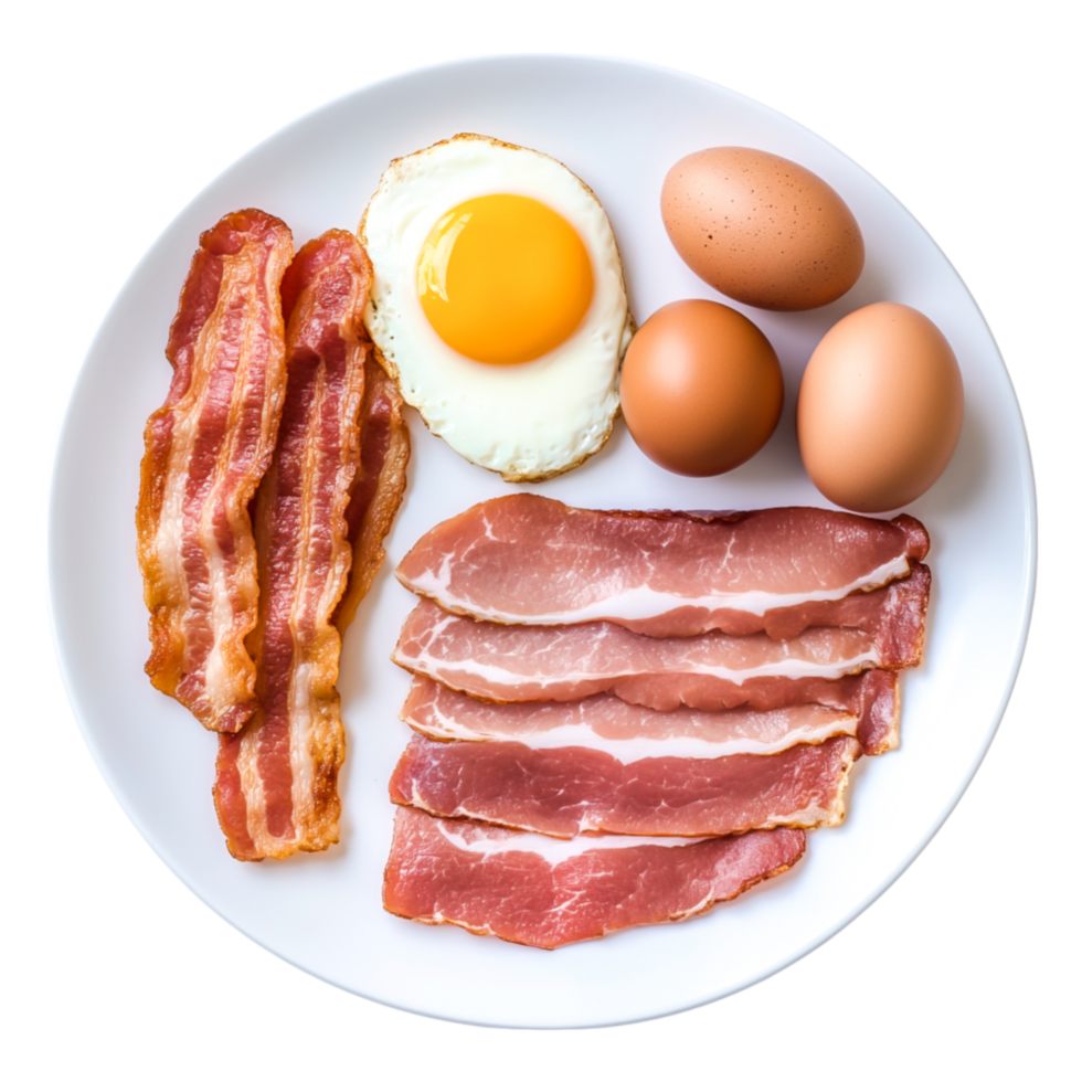 Delicious Breakfast Plate with Eggs, Bacon, and Ham on White Dish png