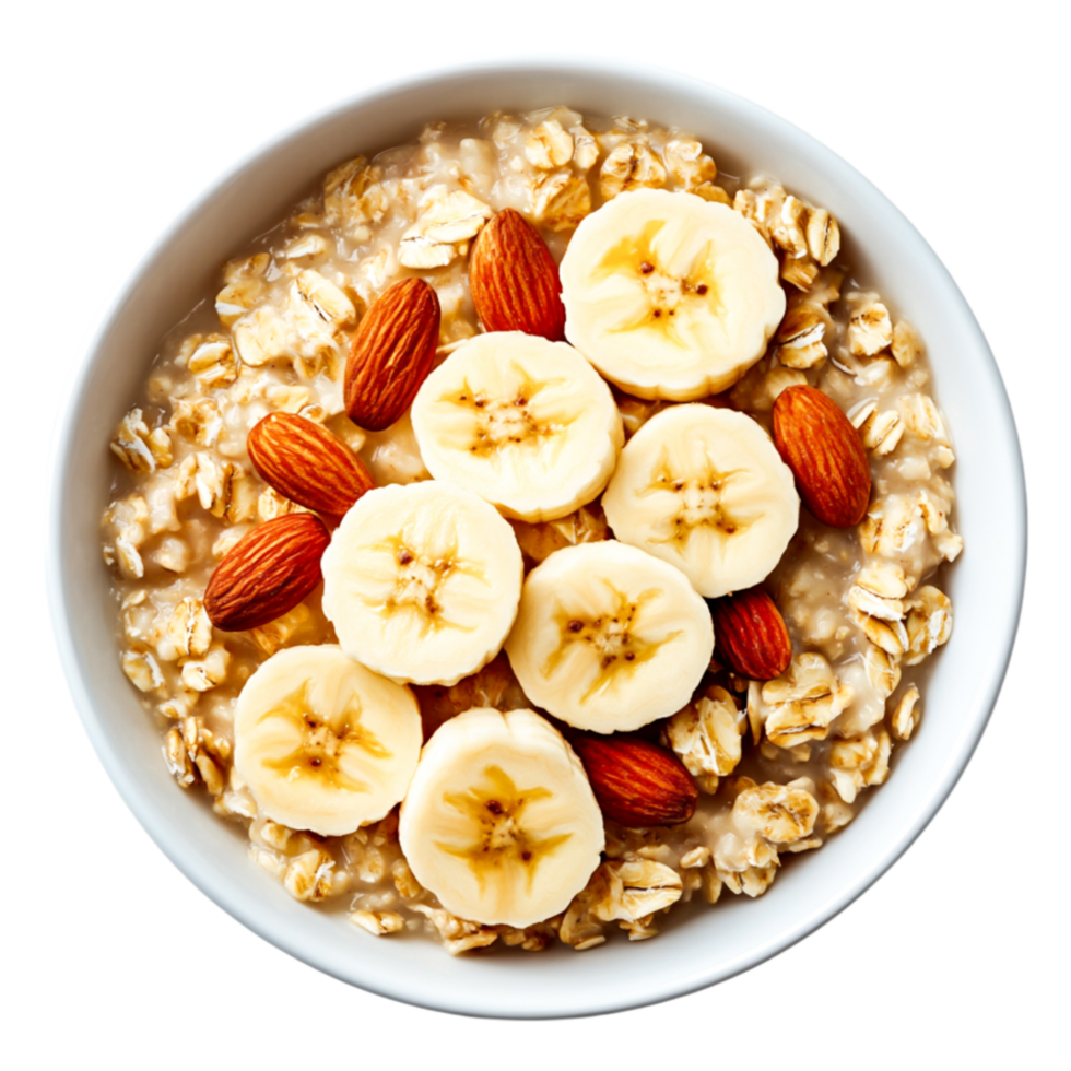 Healthy Breakfast Bowl with Oatmeal, Banana Slices, and Almonds png