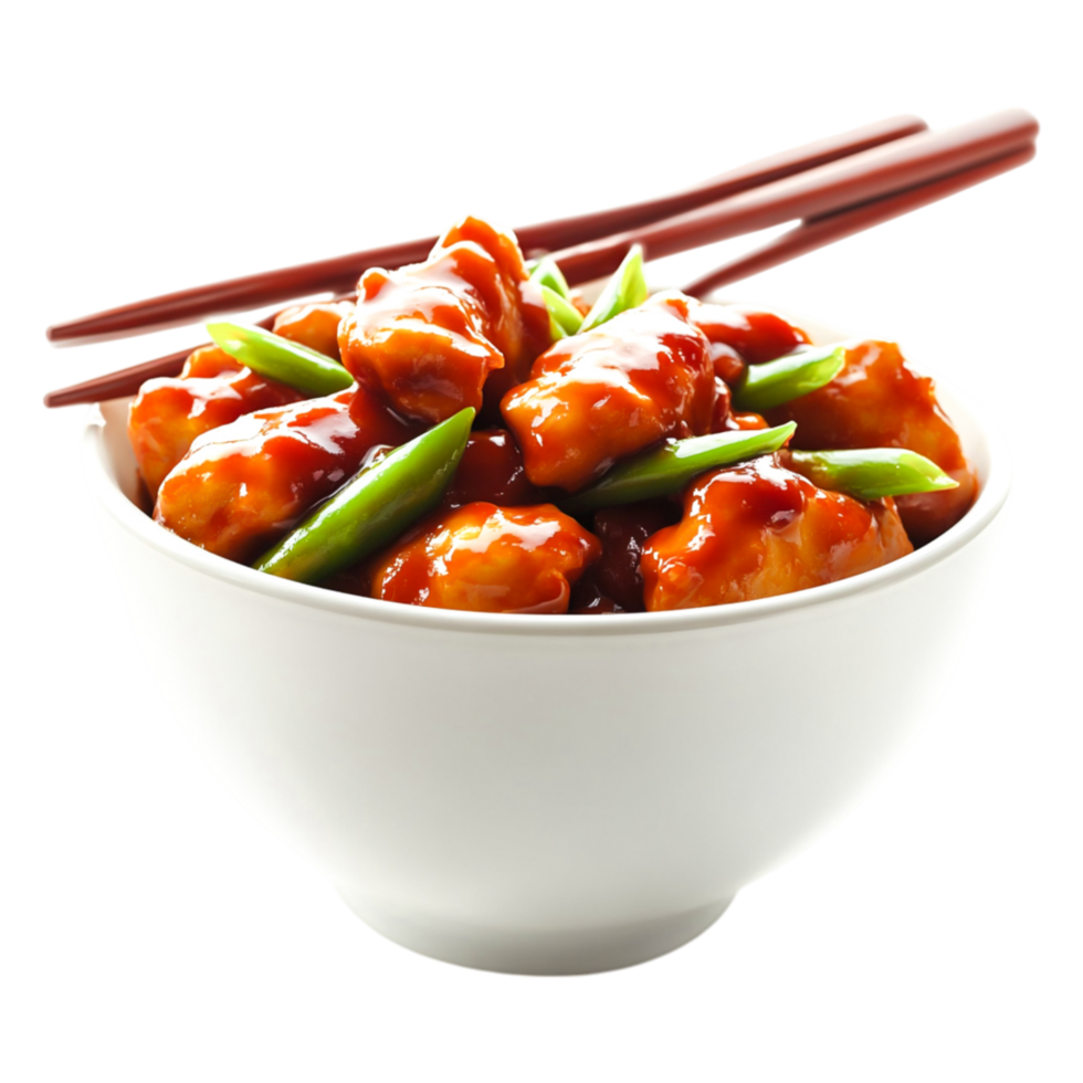 Delicious Asian Cuisine Chicken Dish with Spicy Sauce and Greens png