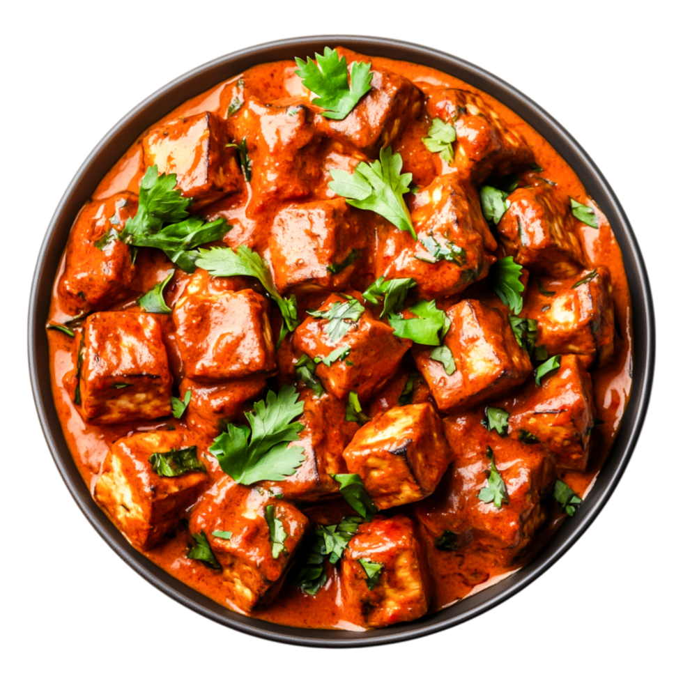 Delicious Red Tomato Sauce with Fresh Herb Garnish Over Tofu png