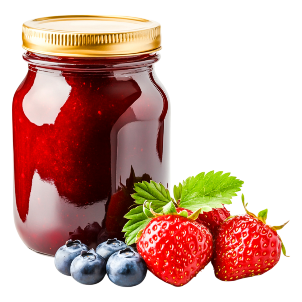 Fresh Red Jam in Jar with Strawberries and Blueberries on png
