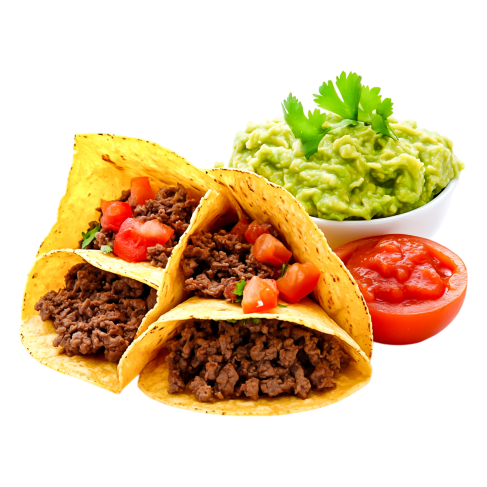 Tasty Beef Tacos with Fresh Guacamole and Salsa on png