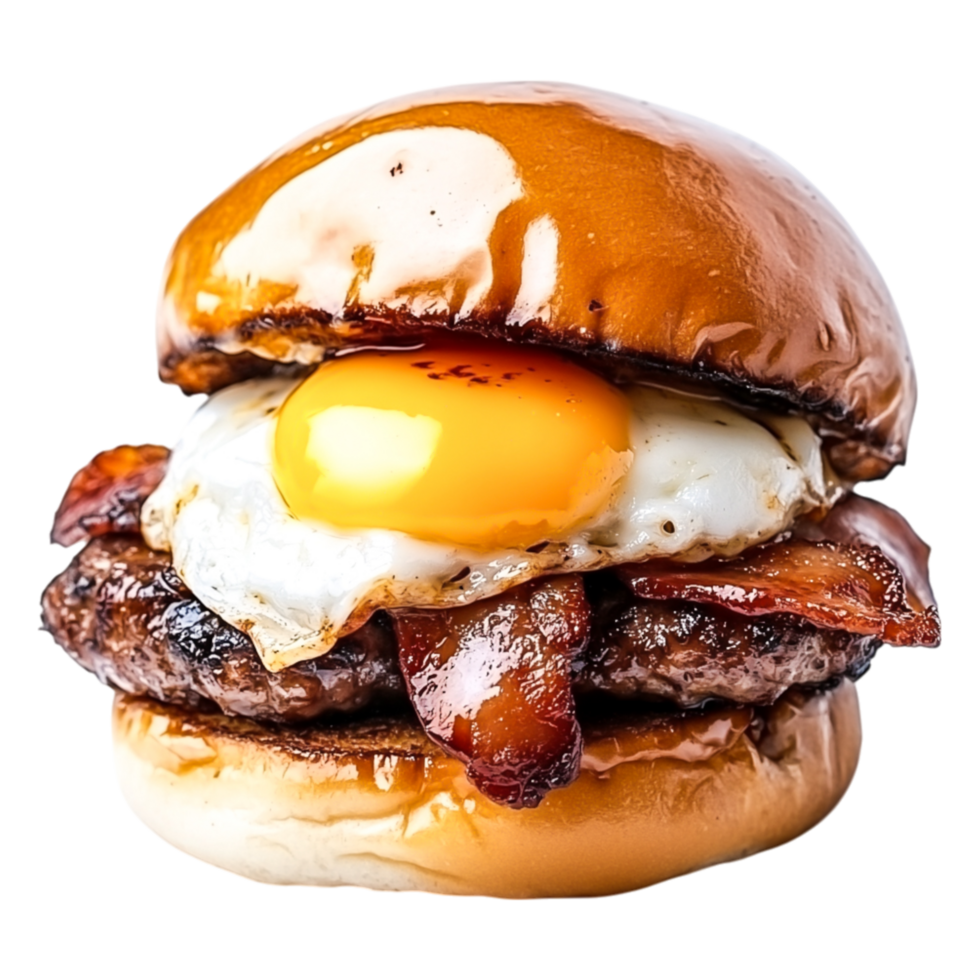 Delicious burger with fried egg and crispy bacon bun png