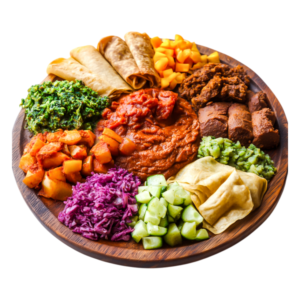 Colorful Platter of Traditional Dishes with Fresh Vegetables and Sauces png