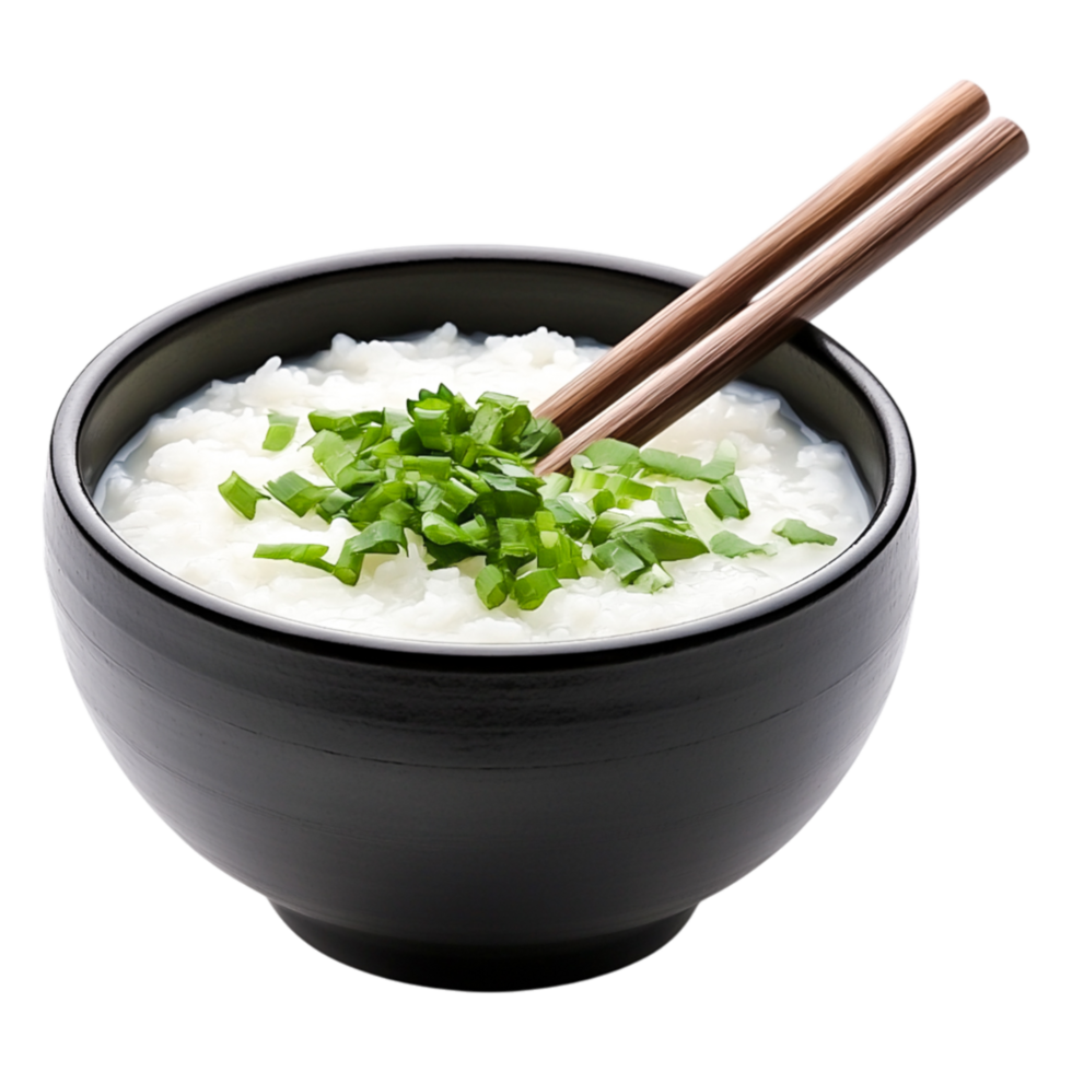 Bowl of Rice with Chopped Green Onind Wooden Chopsticks png