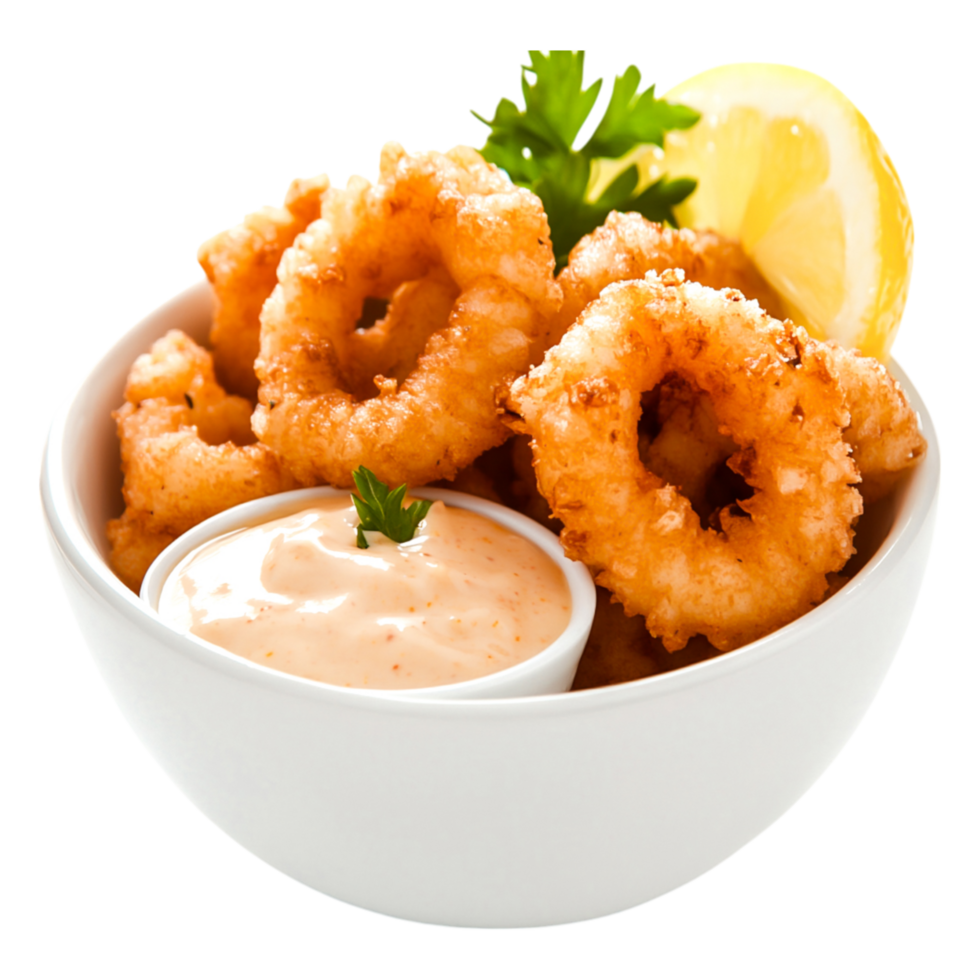 Crispy Fried Onion Rings with Dipping Sauce and Fresh Lemon Slice png