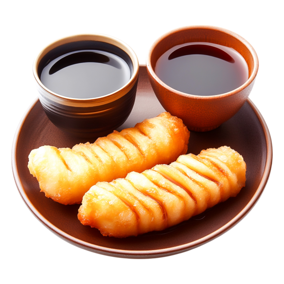 Crispy fried delicacy with dipping sauces wooden plate png