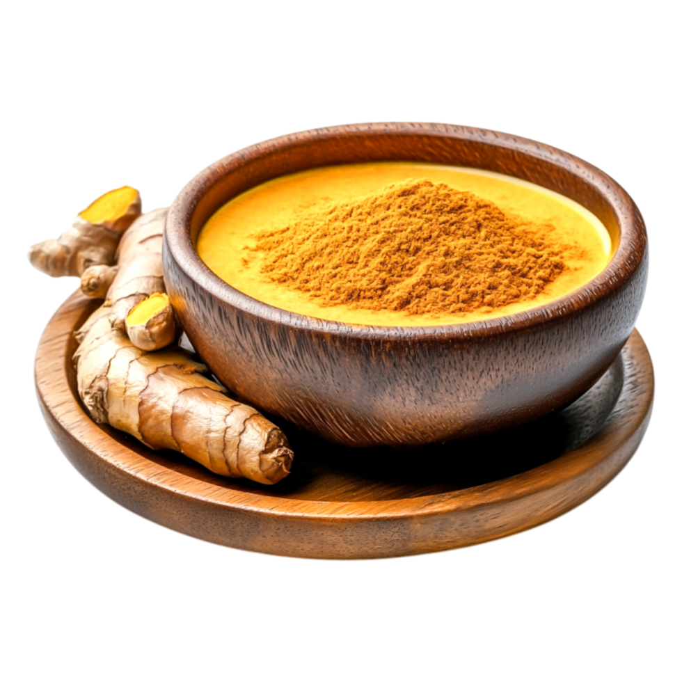 Turmeric Powder in Wooden Bowl with Fresh Roots on Wooden Plate png