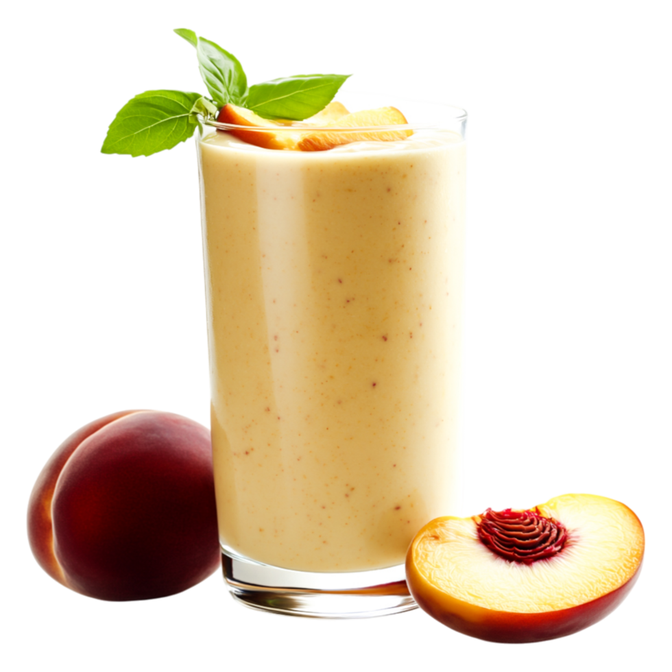 Fresh Peach Smoothie with Basil Garnish and Sliced Fruit Display png