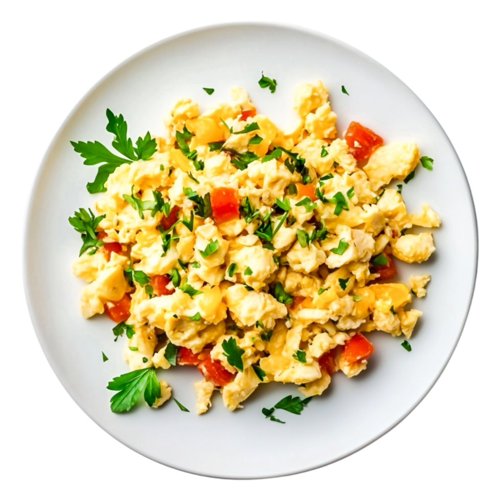 Scrambled Eggs with Cheese and Fresh Vegetables on White Plate png