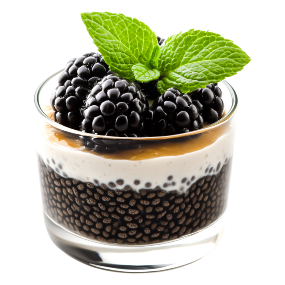Creamy Dessert Layered with Blackberries and Mint Leaves png
