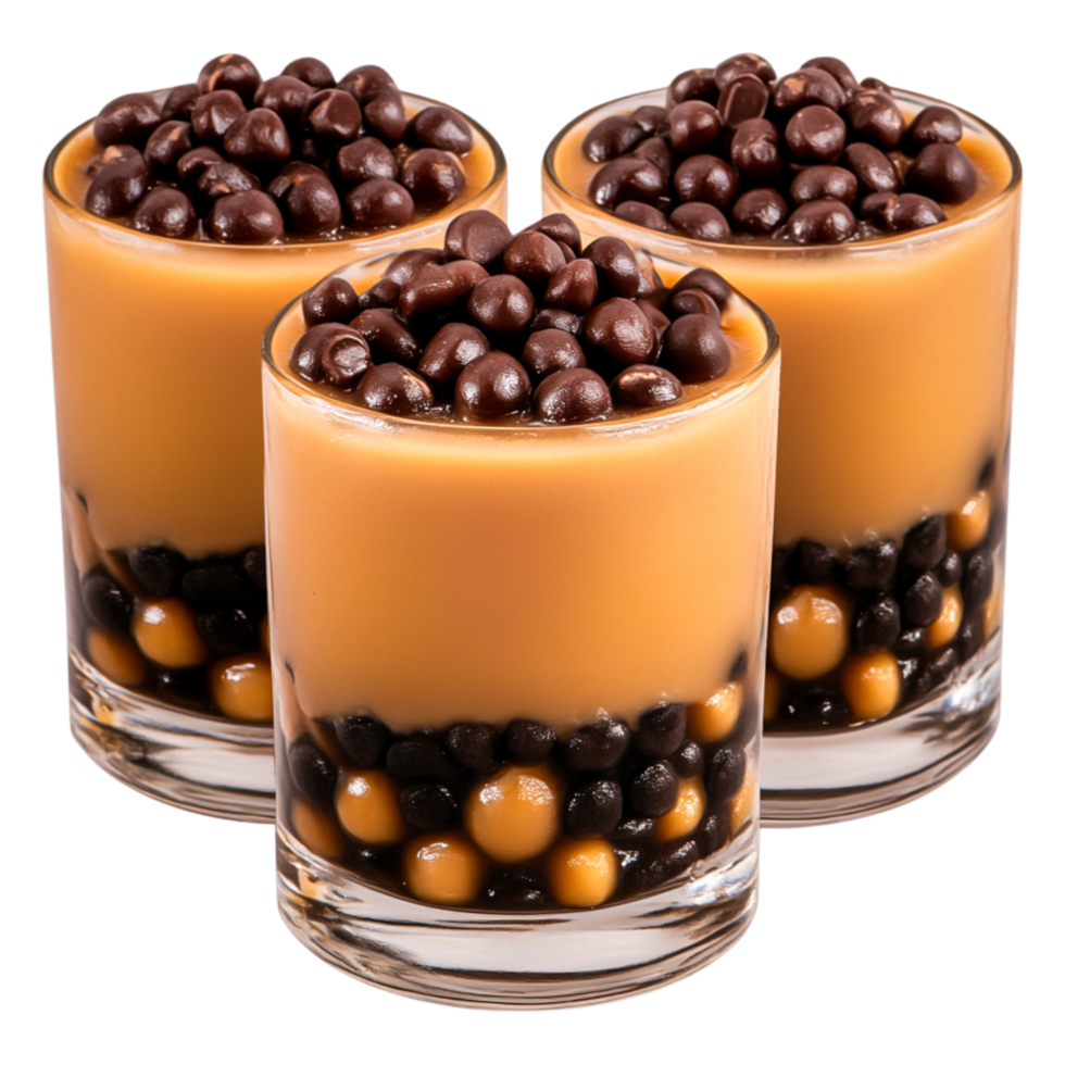 Three Colorful Dessert Cups with Chocolate Topping and Tapioca Balls png