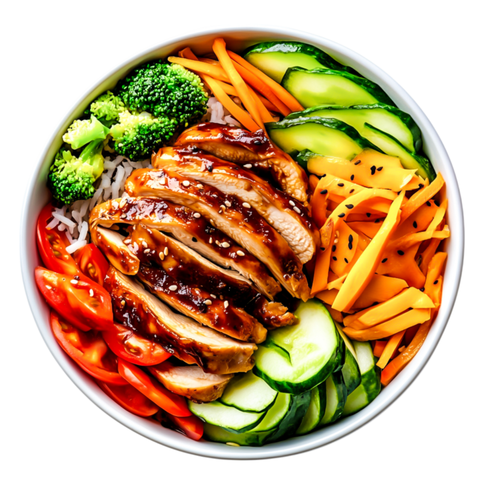 Colorful Chicken Rice Bowl with Fresh Vegetables and Sauce png
