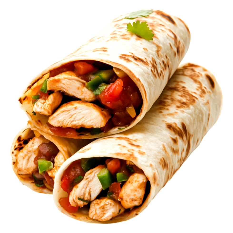 Delicious Chicken Wraps with Fresh Vegetables and Salsa Garnish png