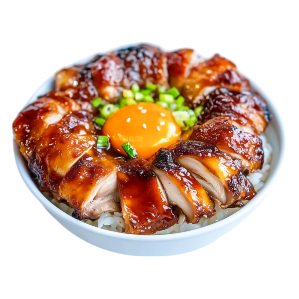 Delicious Chicken Rice Bowl with Glazed Sauce and Raw Egg Yolk png