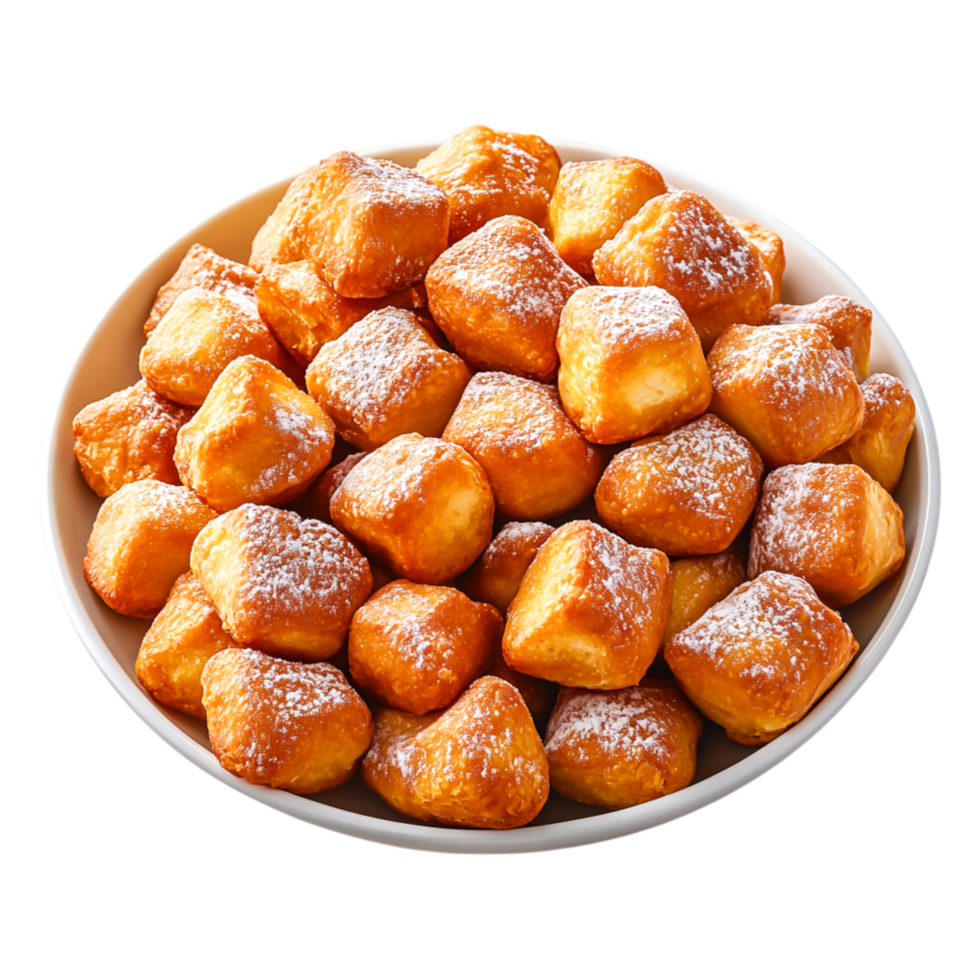 Delicious Golden Fried Dough Balls with Powdered Sugar Topping png