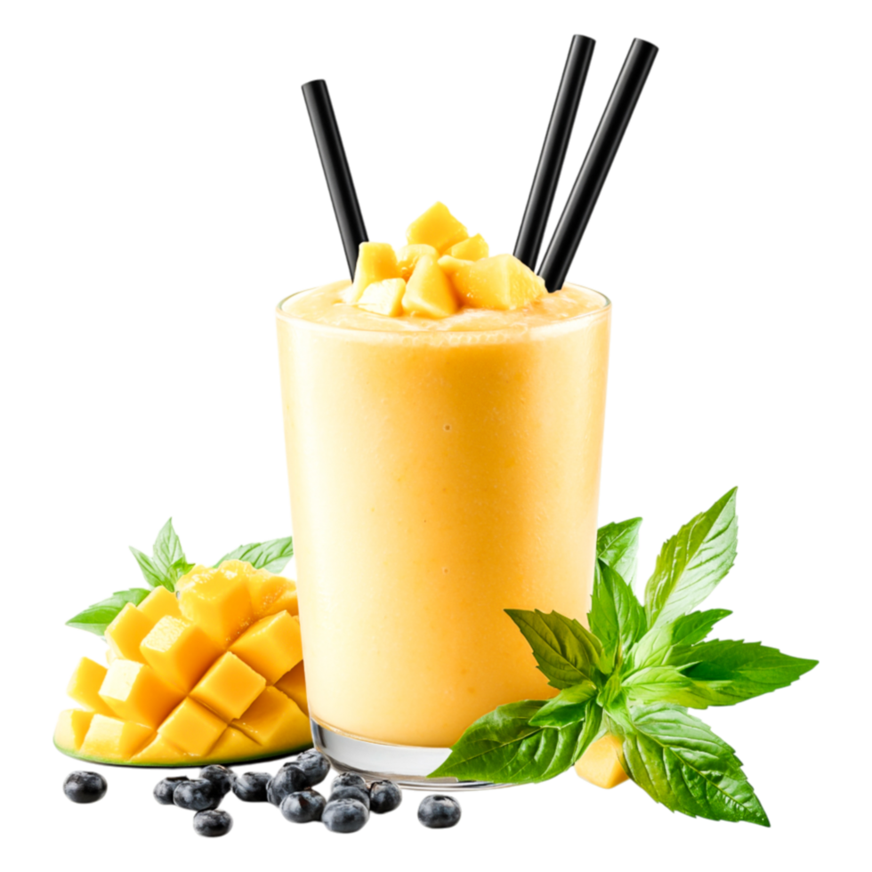 Refreshing Mango Smoothie with Mint and Blueberries in Glass png