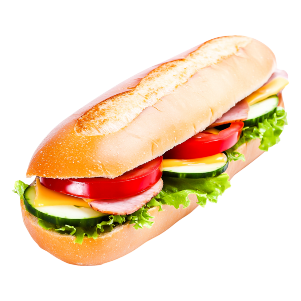 Freshly Made Sub Sandwich with Vegetables and Meat Filling png