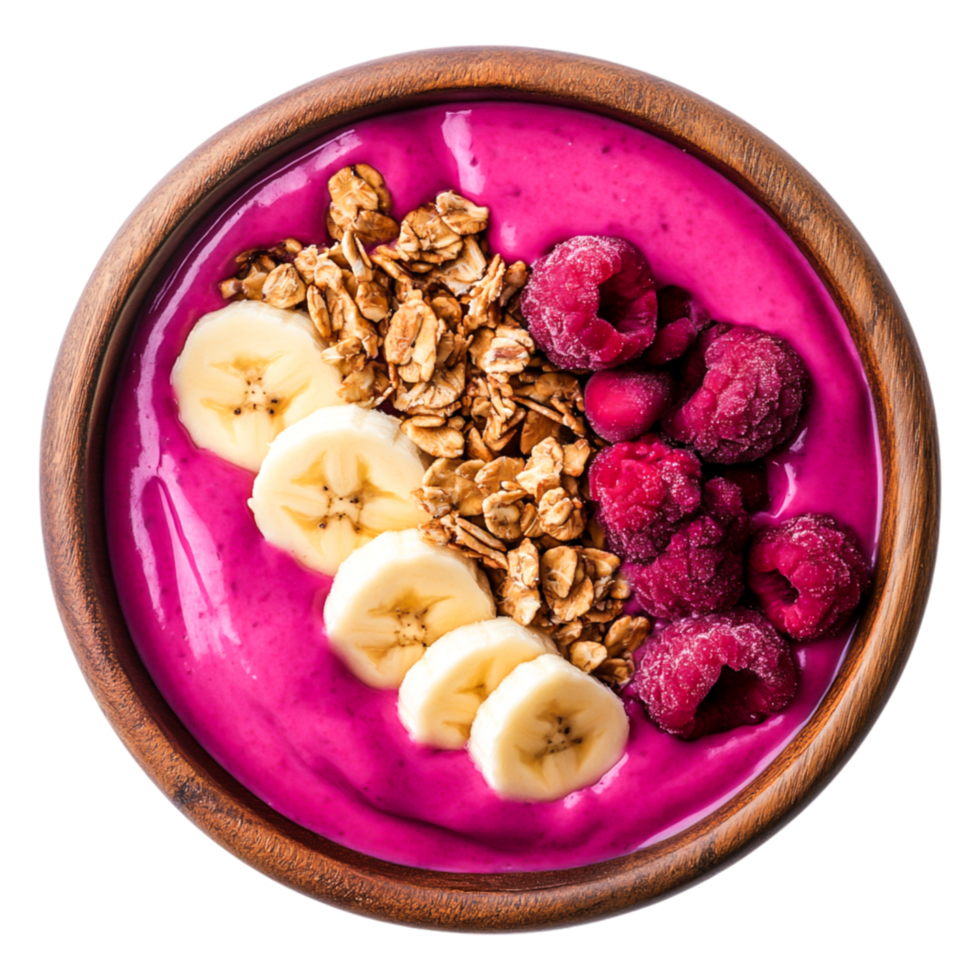 Colorful Smoothie Bowl with Banana, Raspberry and Granola Toppings png