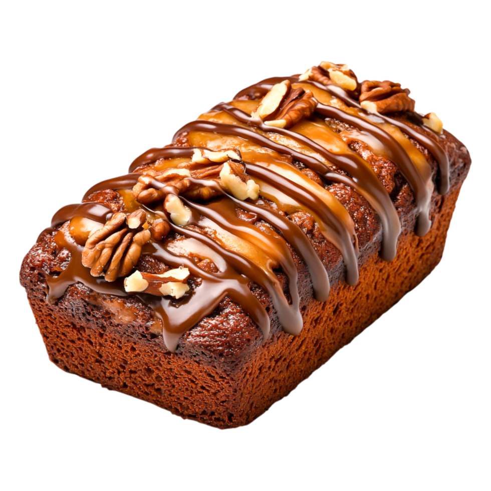 Rich Chocolate Loaf Cake with Caramel Drizzle and Nuts Garnish png