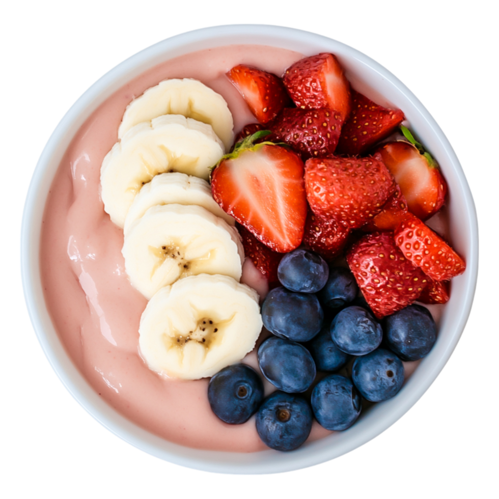 Fresh Yogurt Bowl with Banana, Strawberries and Blueberries png