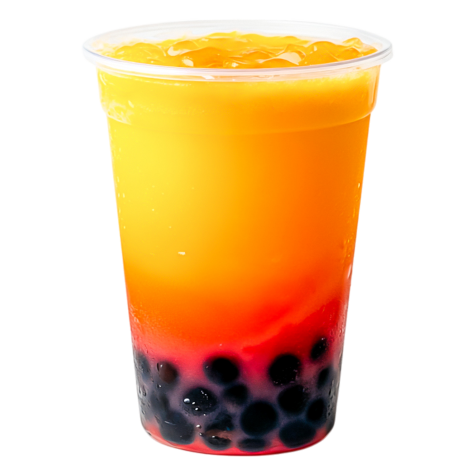 Vibrant Orange and Pink Drink with Boba Pearls in Clear Cup png