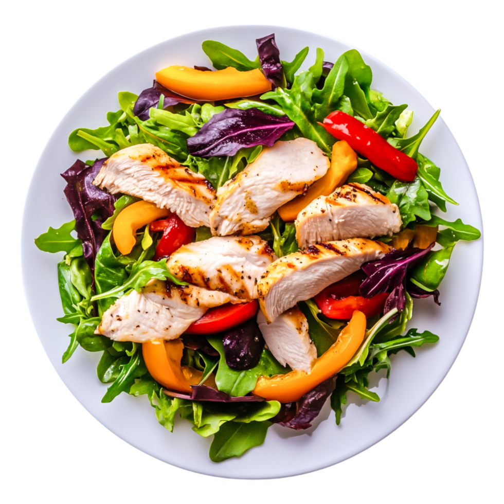 Fresh Grilled Chicken Salad Served on White Plate with Greens png