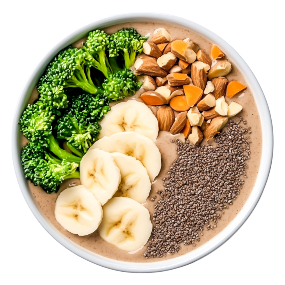 Healthy Smoothie Bowl with Banana, Broccoli, Almonds, and Chia Seeds png