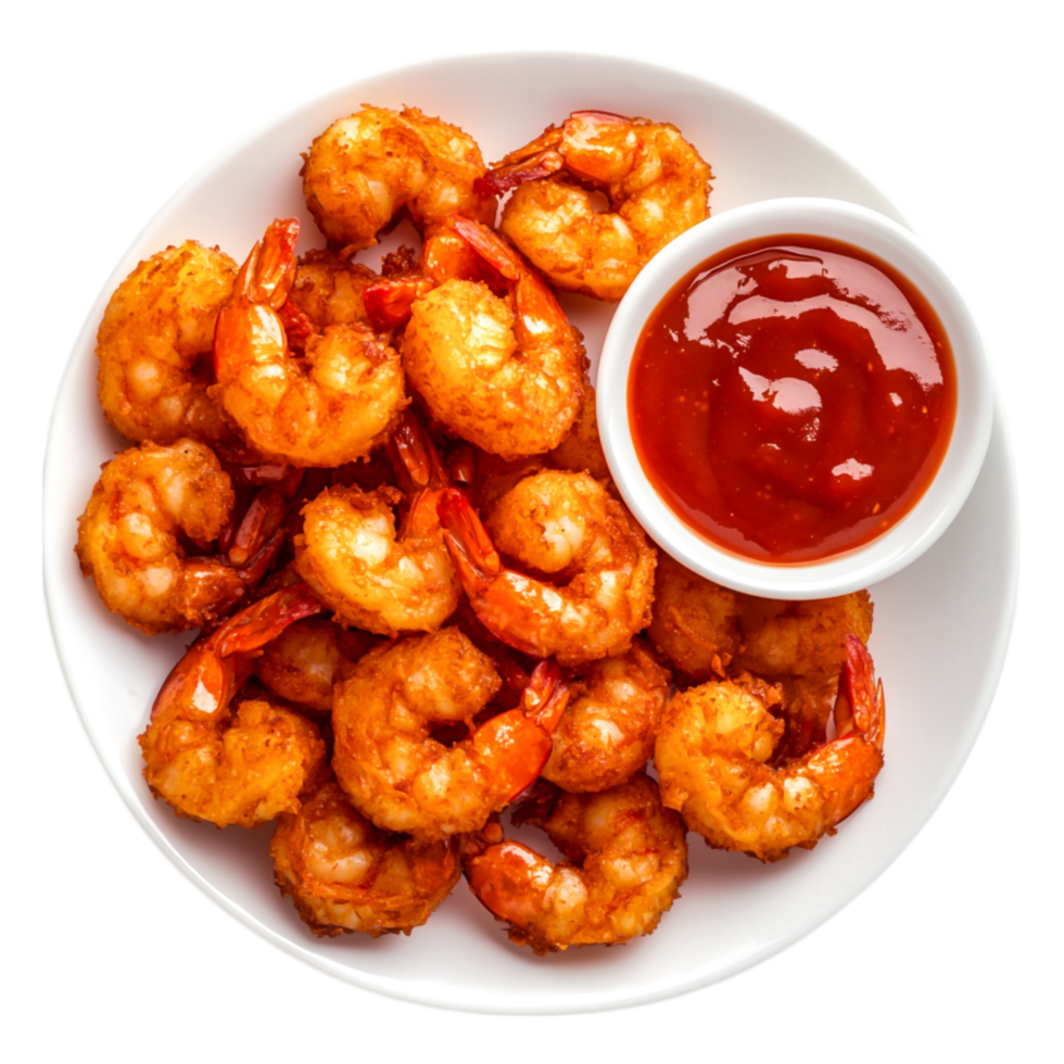 Crispy Fried Shrimp Served with Tangy Red Dipping Sauce png